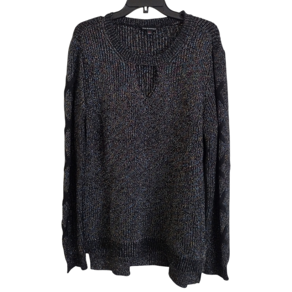 Rock & Republic Multicolor metallic sweater cross stitch arm neck keyhole XL